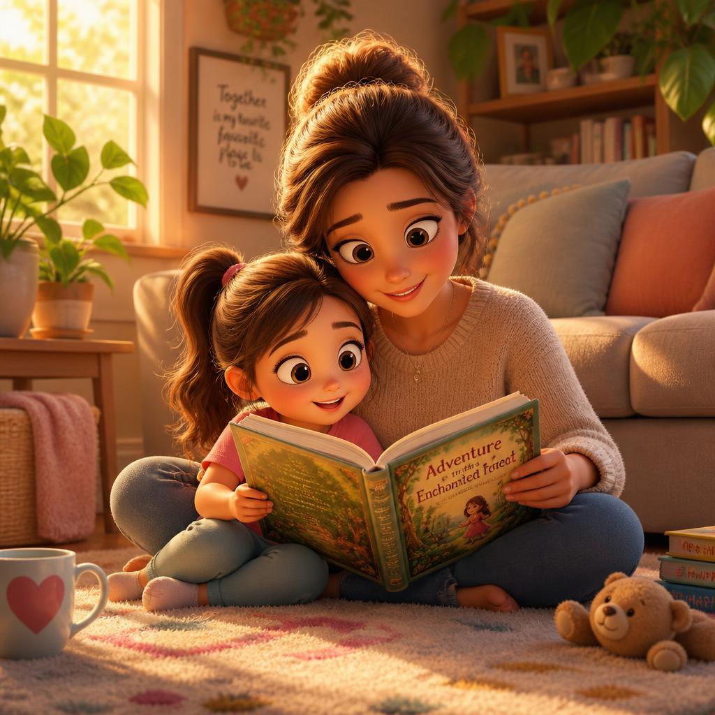 Mãe e filha lendo juntas na sala